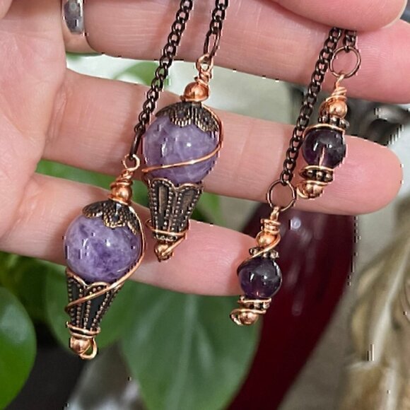 Handmade Mini Amethyst Copper Dowsing Pendulum 6 1/2 inch By True Healing Source - Picture 1 of 5